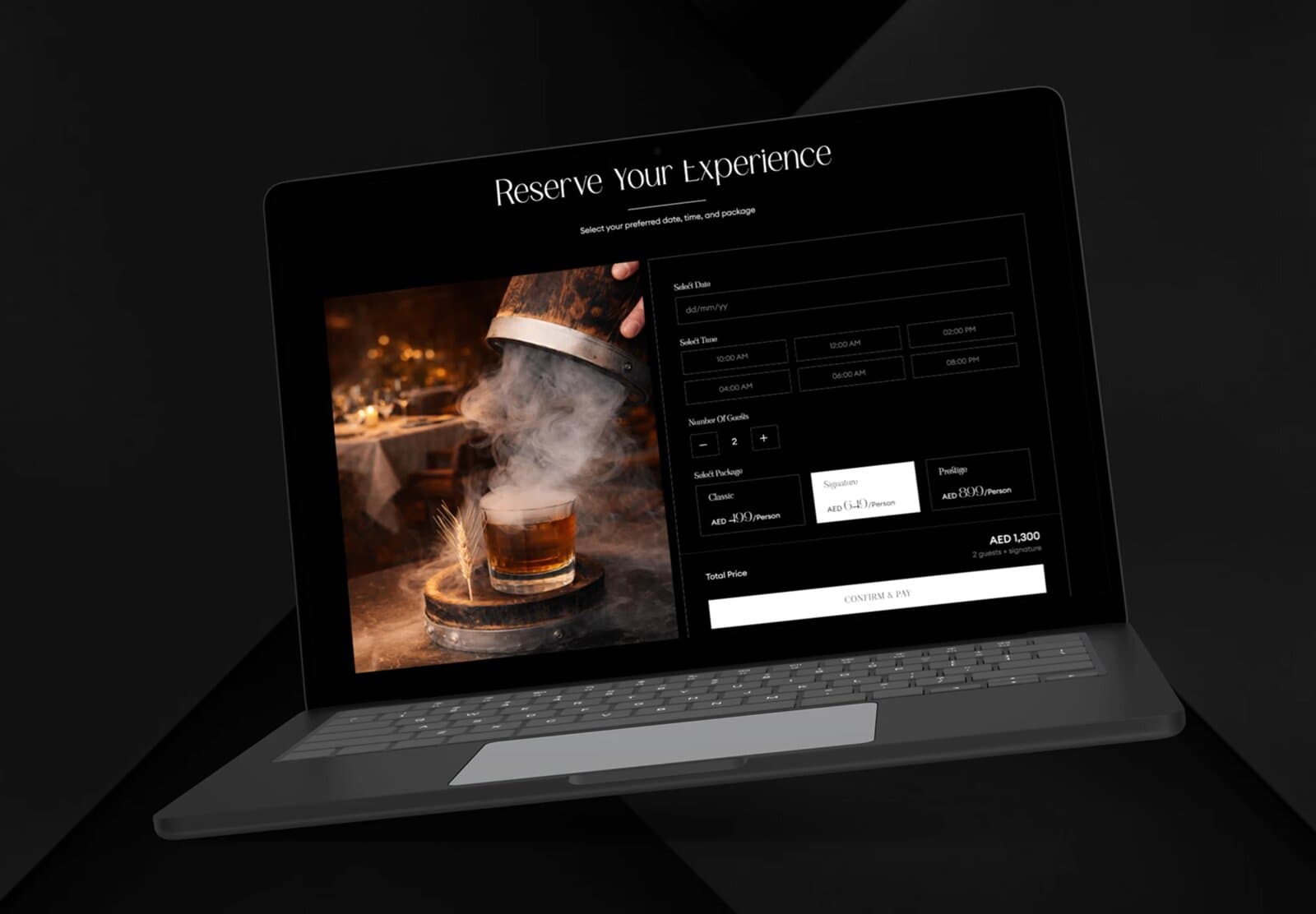 The Reserve Your Experience booking engine showing date, time, guest count, package selection, and a live total price