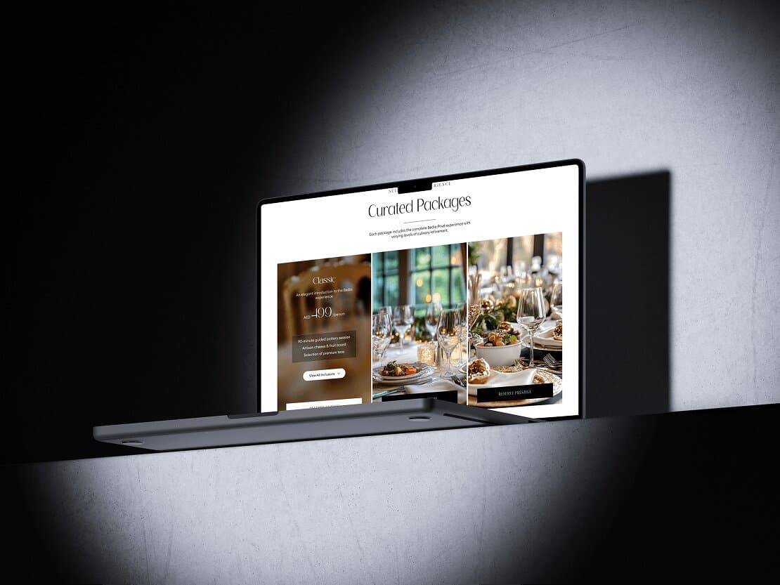 The Curated Packages page showing three package tiers with photography, pricing, and inclusions