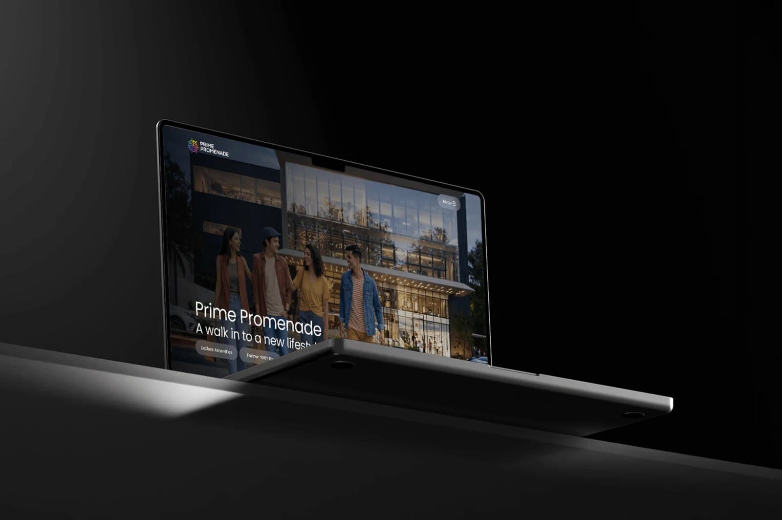 The Prime Promenade homepage showing visitors walking toward a glass-fronted lifestyle destination at dusk