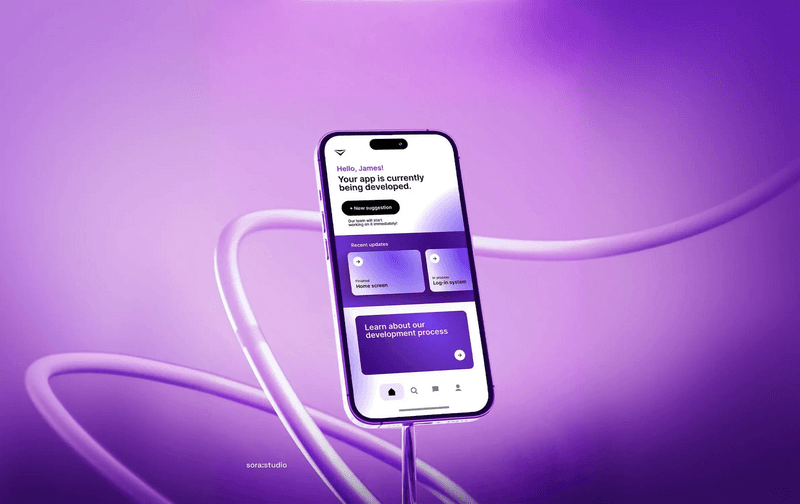 Mobile app home screen on a phone against a purple backdrop