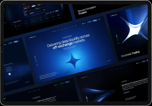 Tablet showing a dark fintech website interface with trading and liquidity dashboards