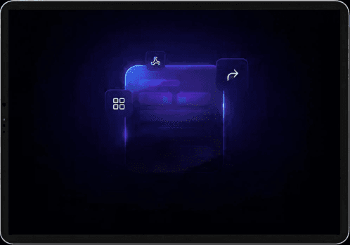 Glowing abstract app interface panel with navigation icons on a dark background