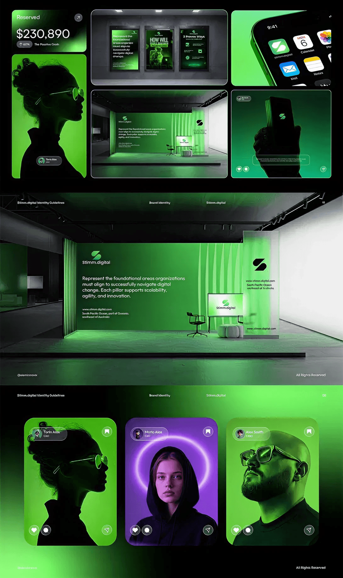 Brand identity system laid out across screens, print, and environmental mockups