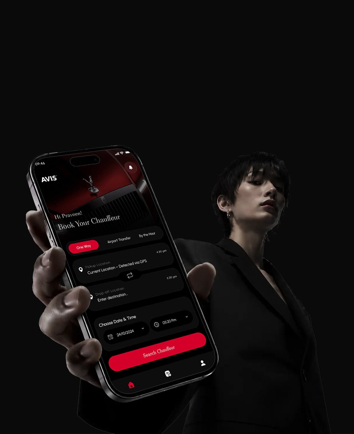 AVIS chauffeur-booking app shown on a phone