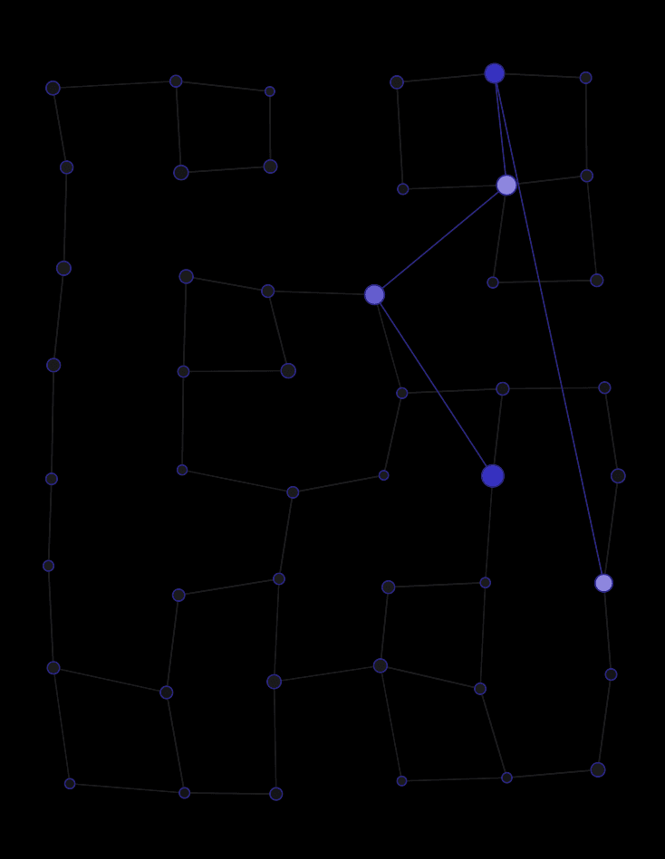 A network of connected nodes on black, five highlighted in accent purple, representing coordinated AI agents