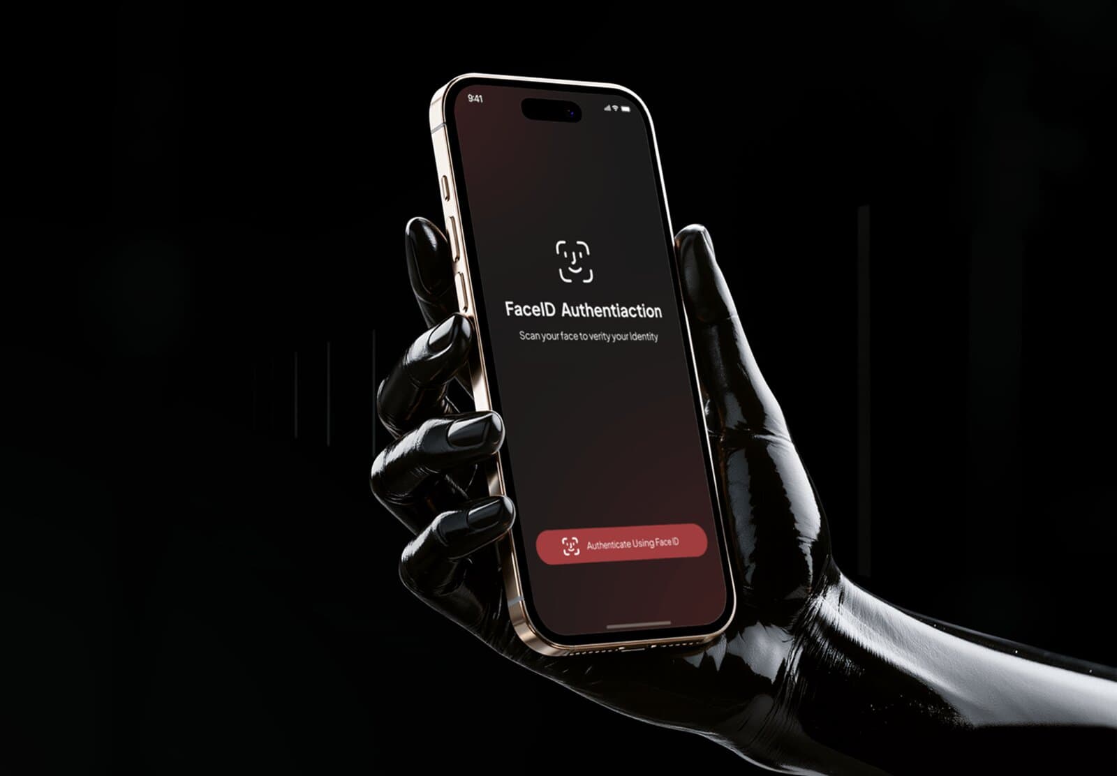 A phone showing a Face ID authentication screen with a red "Authenticate Using Face ID" button