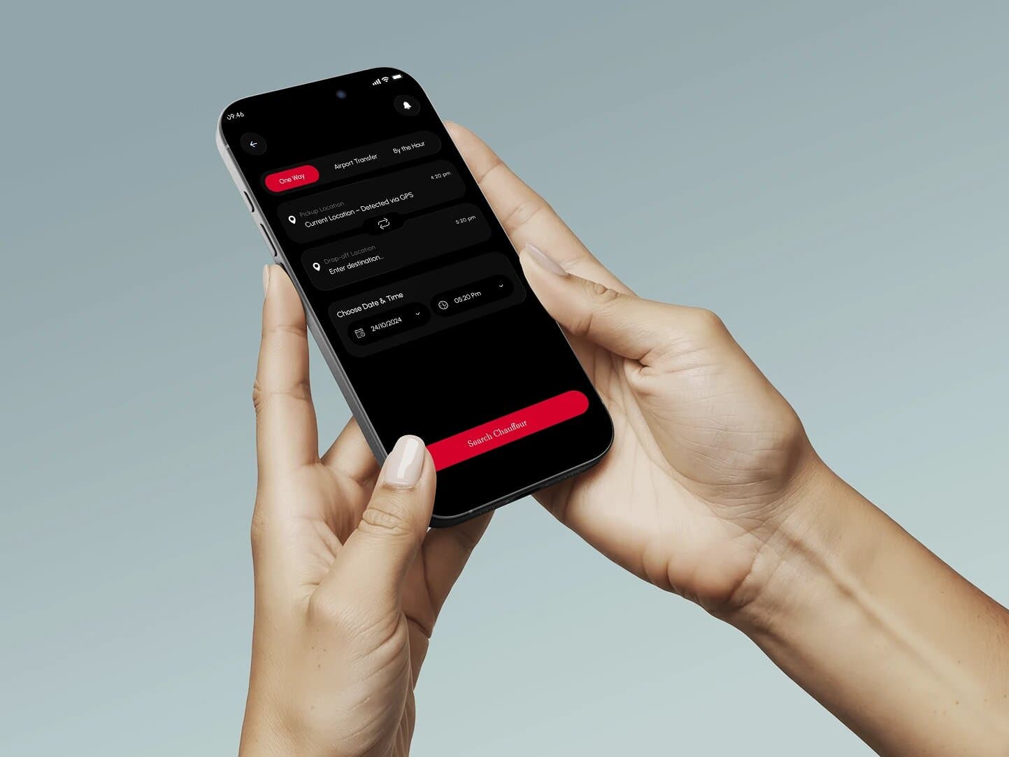 Two hands holding a phone showing the same AVIS booking flow, pickup location detected via GPS