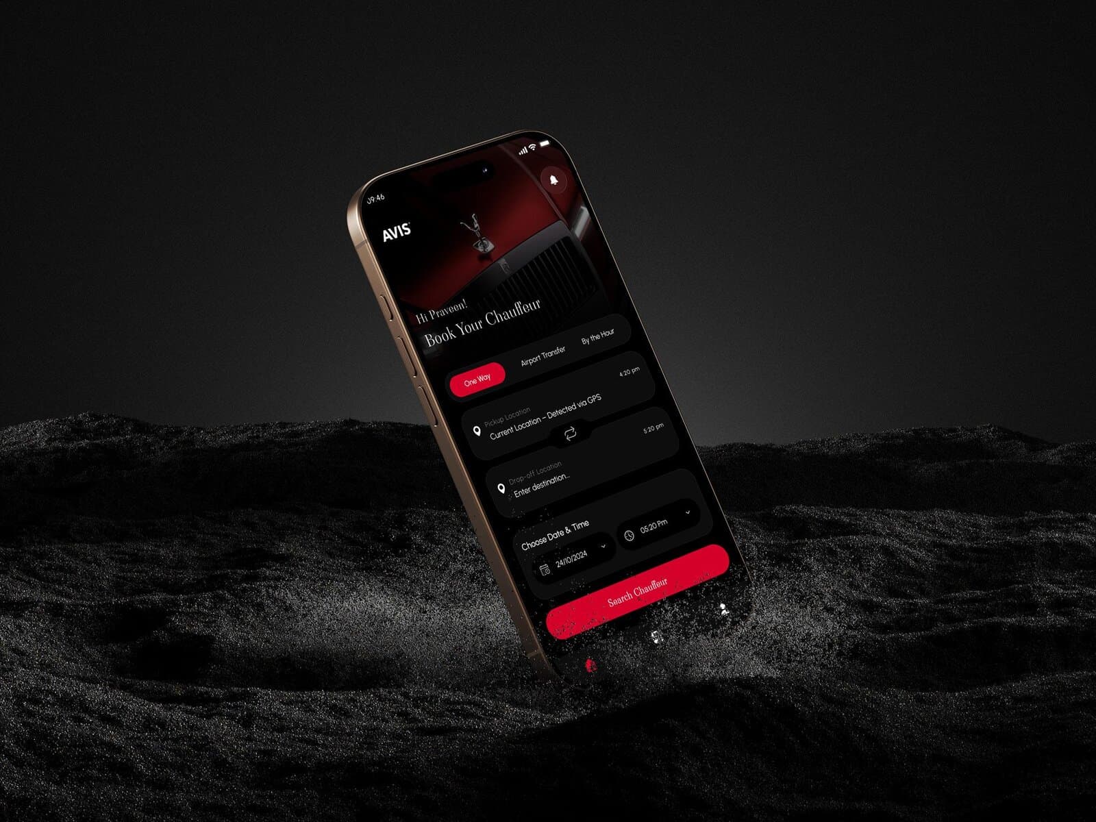 The AVIS chauffeur app home screen, lit against dark volcanic sand
