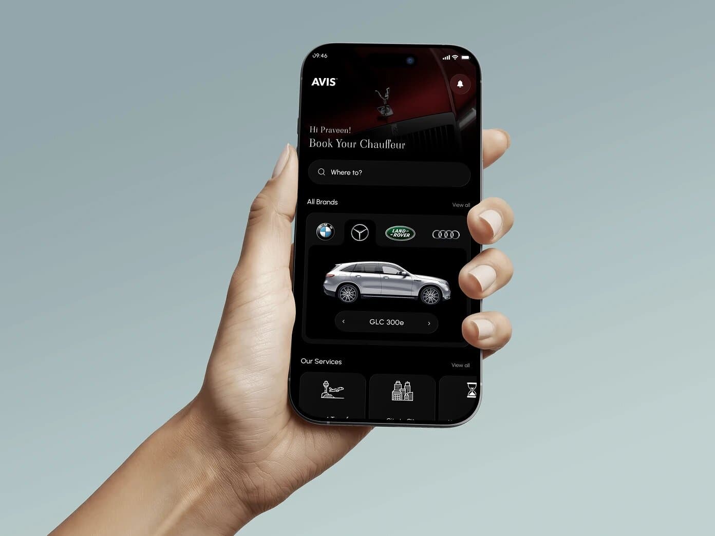 The AVIS app home screen showing a destination search, brand carousel, and service shortcuts