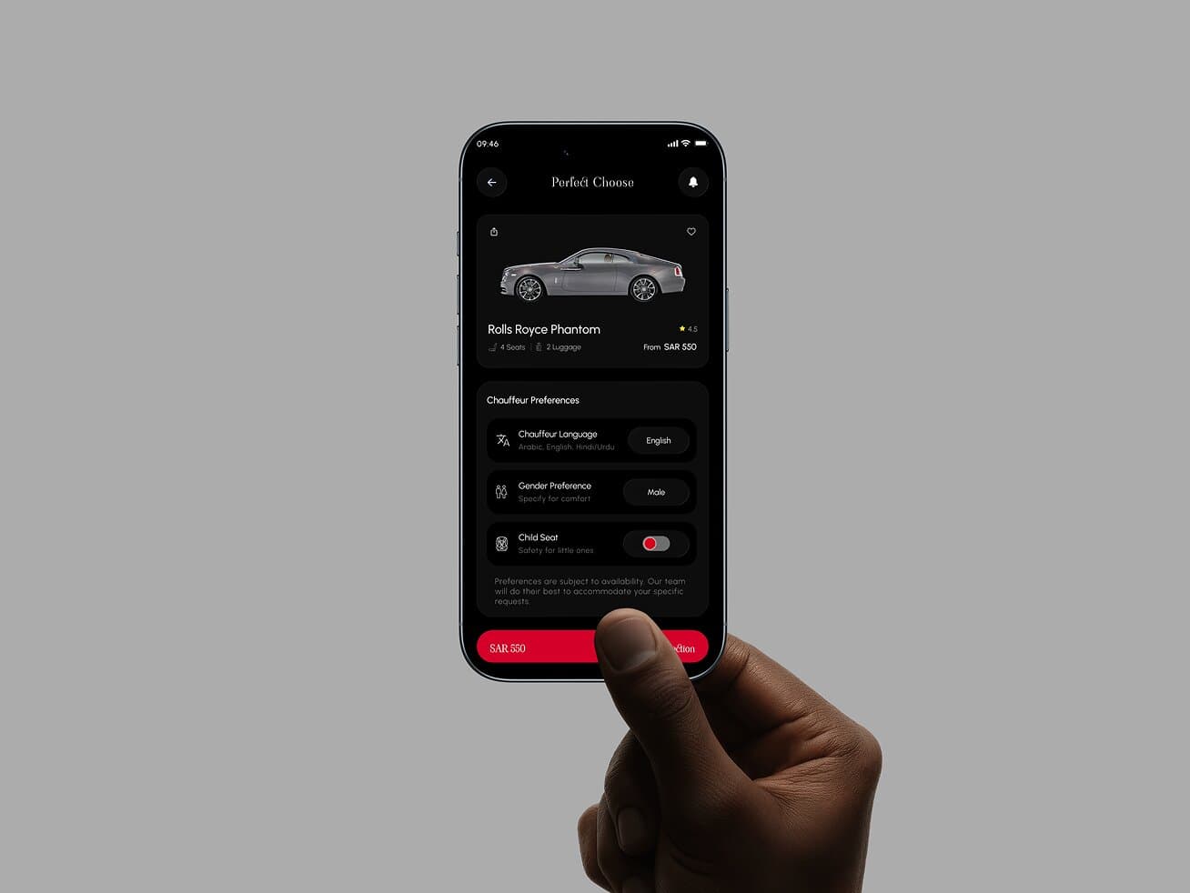 The AVIS vehicle selection screen for a Rolls-Royce Phantom with chauffeur preference toggles