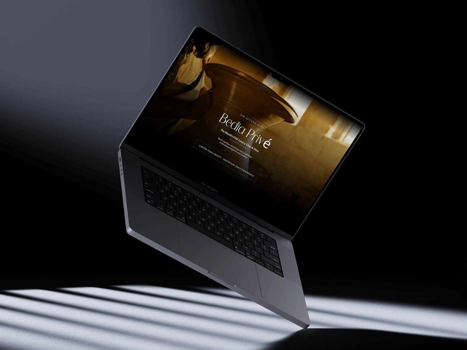 The Bedia Privé homepage on a laptop, showing pottery photography and a VIP-access-only invitation