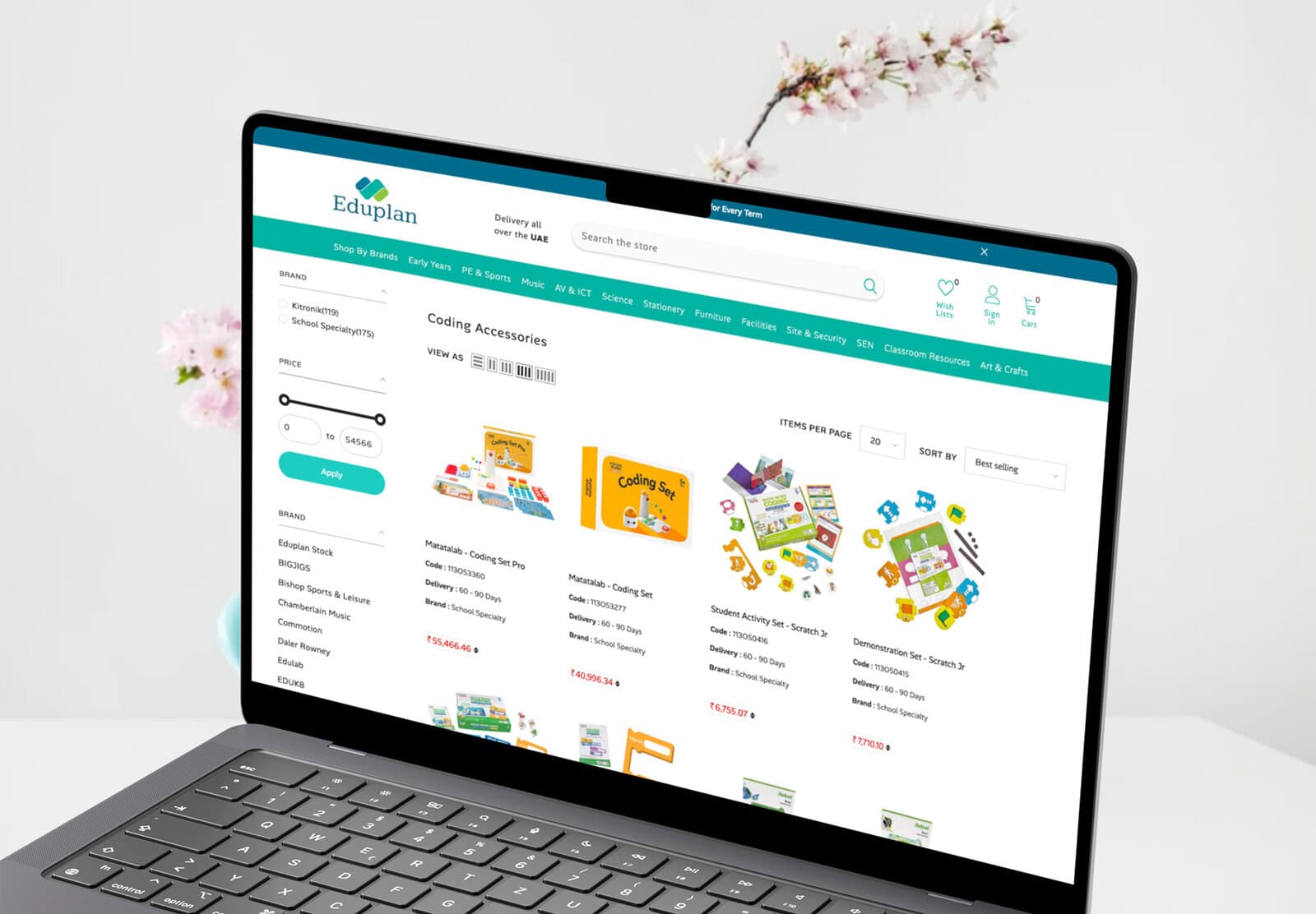 The Eduplan Coding Accessories category page on a laptop, showing brand and price filters over a large catalogue