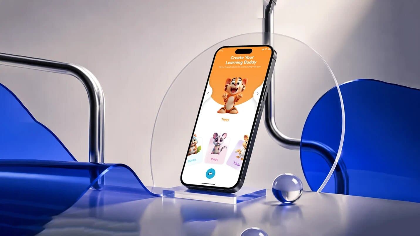 A phone showing the learning buddy selection screen with several animal mascot characters