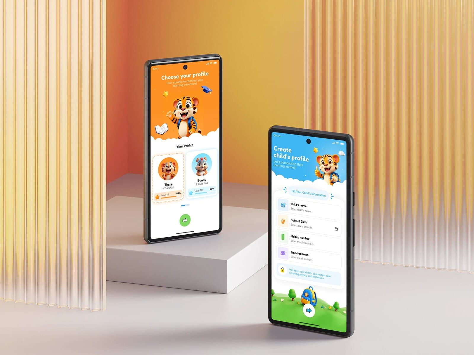 Two phones showing profile selection and the child-information form during onboarding