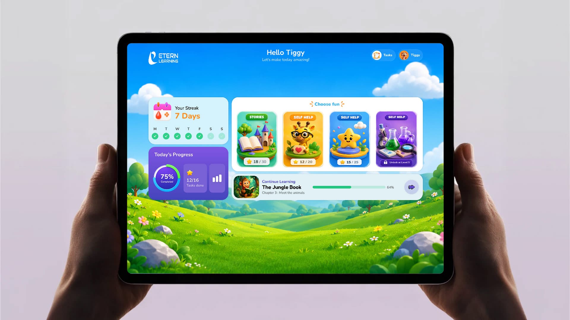 The Etern Learning home dashboard on a tablet, showing a streak tracker, progress ring, and a shelf of story and activity tiles