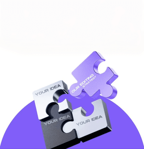 Metallic puzzle pieces fitting together above a purple disc