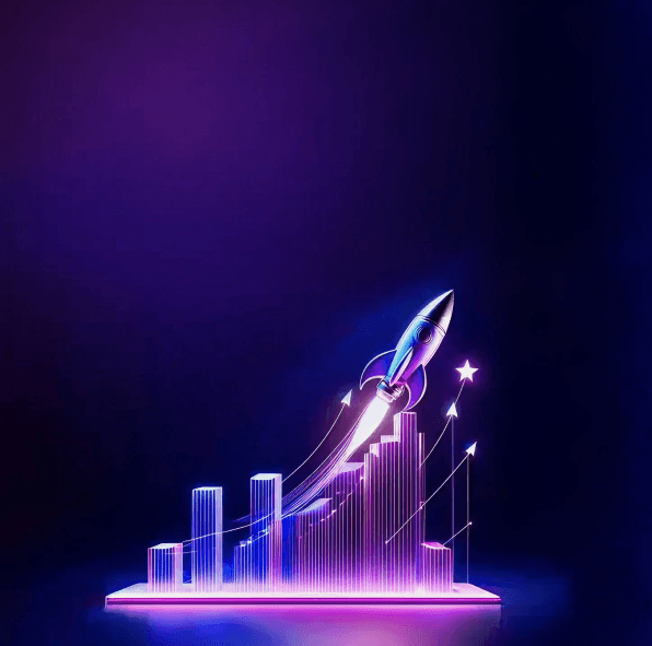Neon rocket launching from a rising bar chart